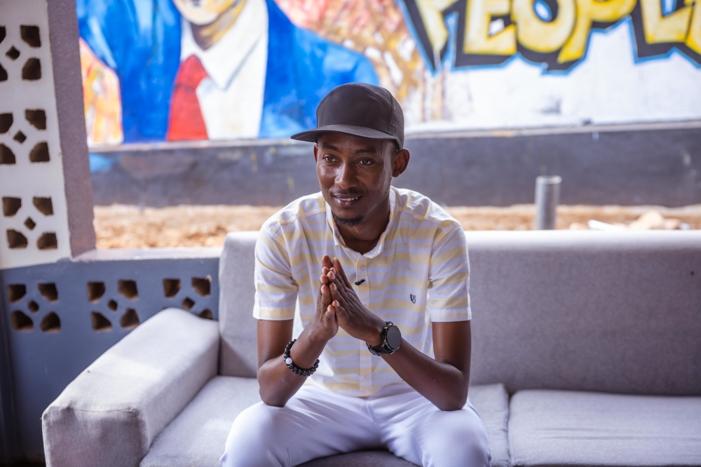 Emmanuel Mugisha, better known by his stage name Clapton Kibonge, is a multitalented comedian during the interview with The New Times. Willy Mucyo