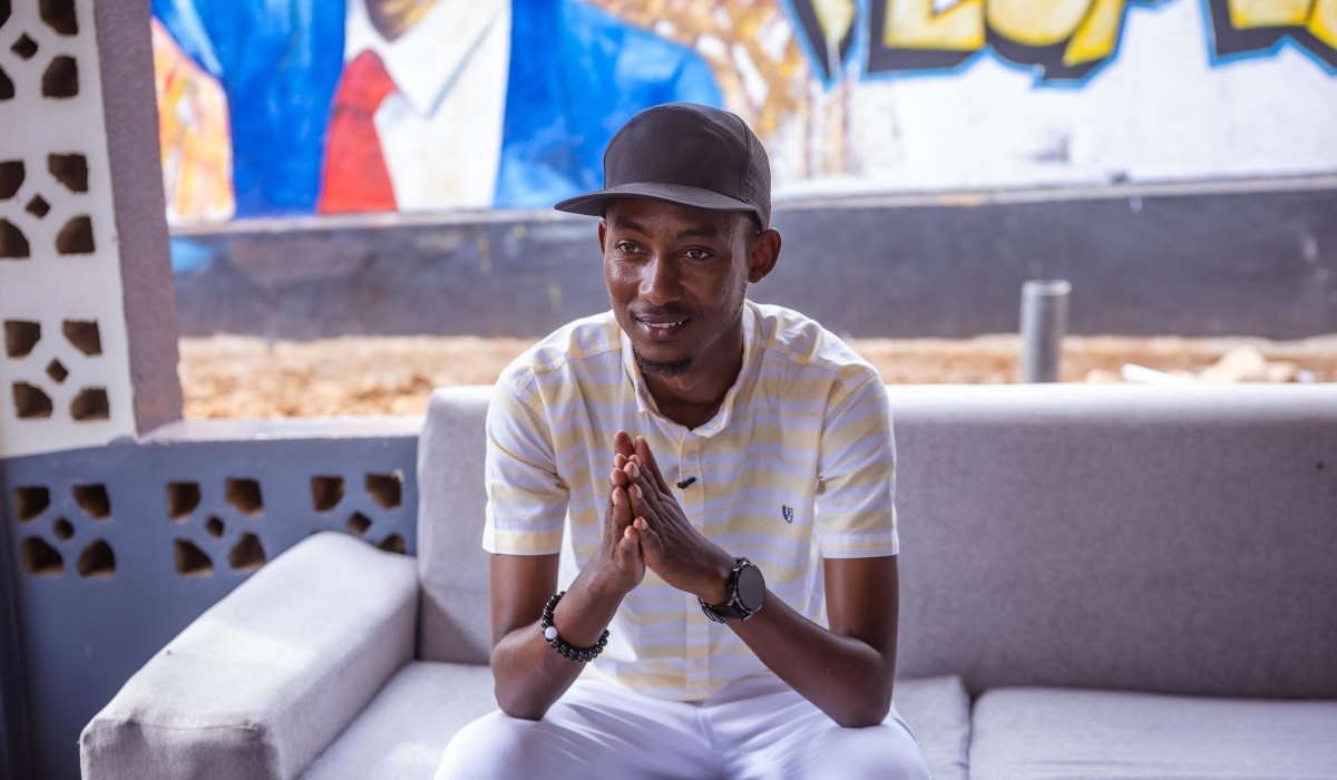 Emmanuel Mugisha, better known by his stage name Clapton Kibonge, is a multitalented comedian during the interview with The New Times. Willy Mucyo