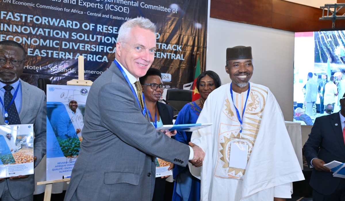 Andrew Mold,  Acting Director of the sub-regional office for East Africa at UNECA and  Adama Ekberg Coulibaly, UNECA&#039;s Lead Economist at the Sub-Regional Office for Central Africa, at the launch of the report in Yaounde Cameroon on Wednesday, October 16. Courtesy