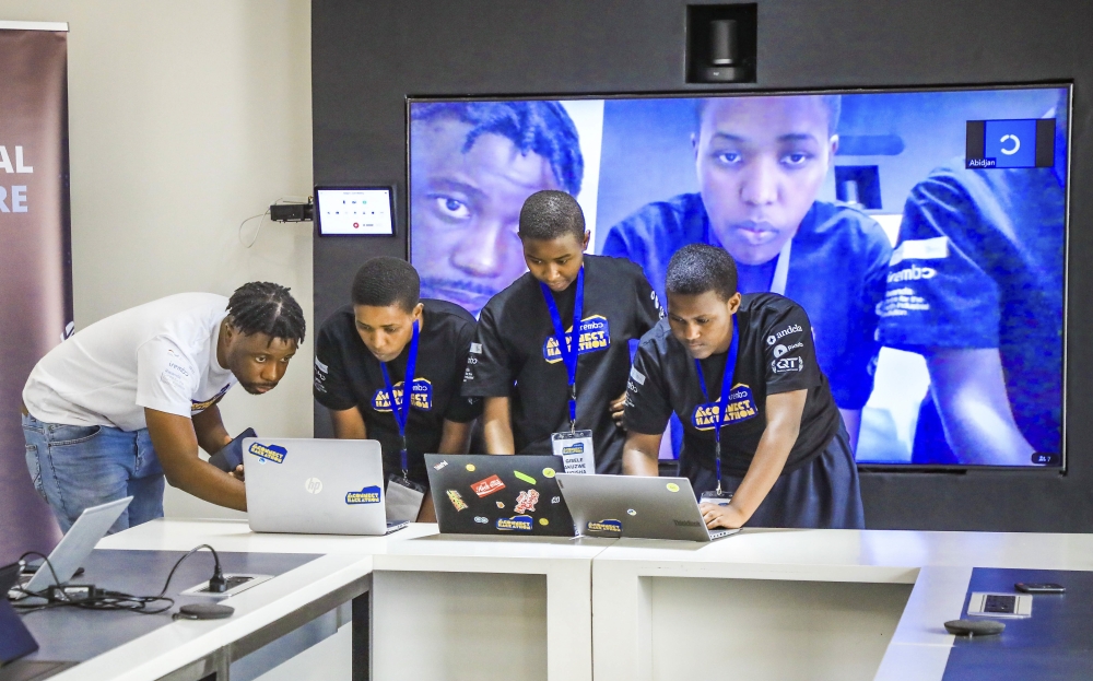 Students from Rwanda Coding Academy present their project at the first AI Connect Hackathon organized by Irembo in Kigali on Sunday, September 29. Craish Bahizi