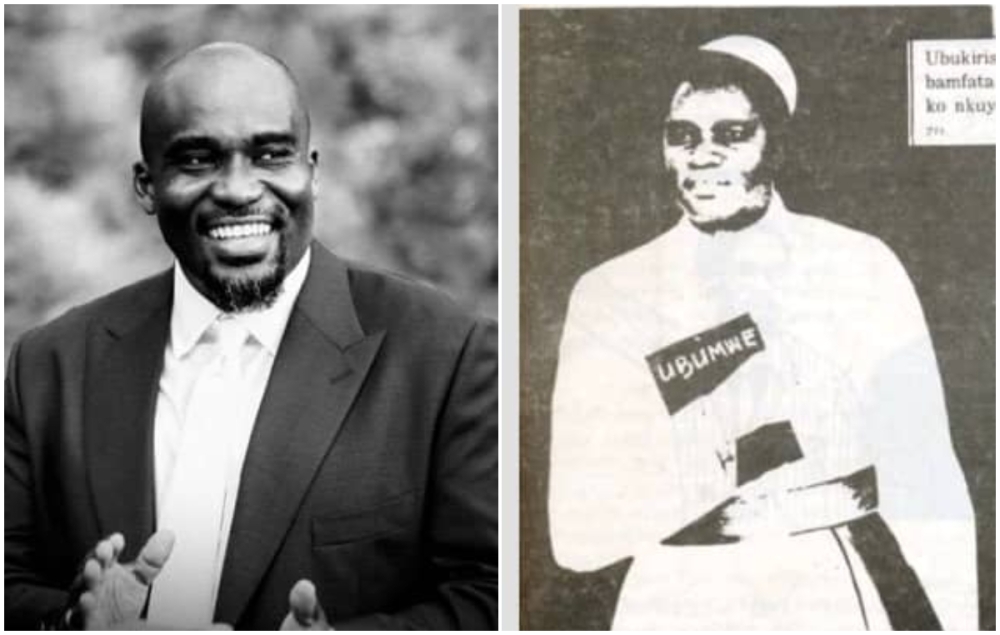 President Juvénal Habyarimana (R) was depicted in Issue No. 25 of Kangura wearing a bishop’s chasuble and mitre, holding a book resembling a Bible with the word &#039;Ubumwe&#039; (Unity) on the cover. On the left is his son, Jean-Luc Habyarimana, who is a &#039;staunch defender&#039; of his father&#039;s genocidal legacy.