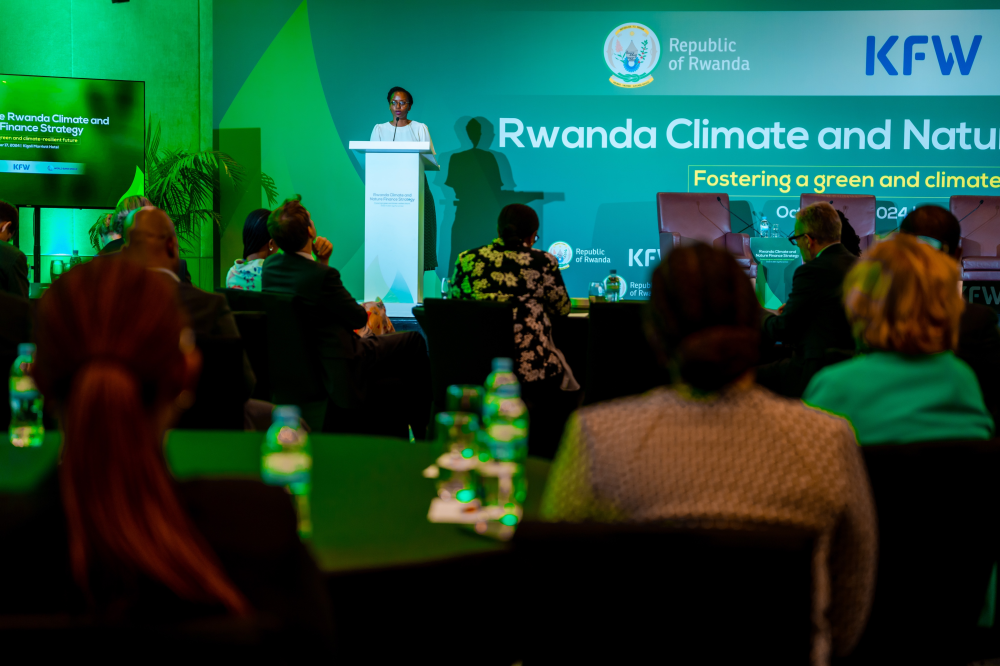 Ministry of Finance and Economic Planning Mutesi Rusagara delivers her remarks during the launch of  the first-ever Climate and Nature Finance Strategy in Kigali on October 17