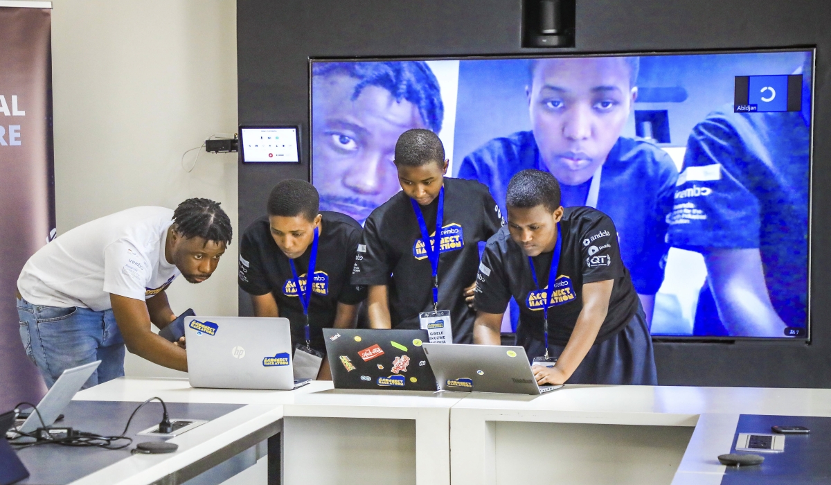 Students from Rwanda Coding Academy present their project at the first AI Connect Hackathon organized by Irembo in Kigali on Sunday, September 29. Craish Bahizi