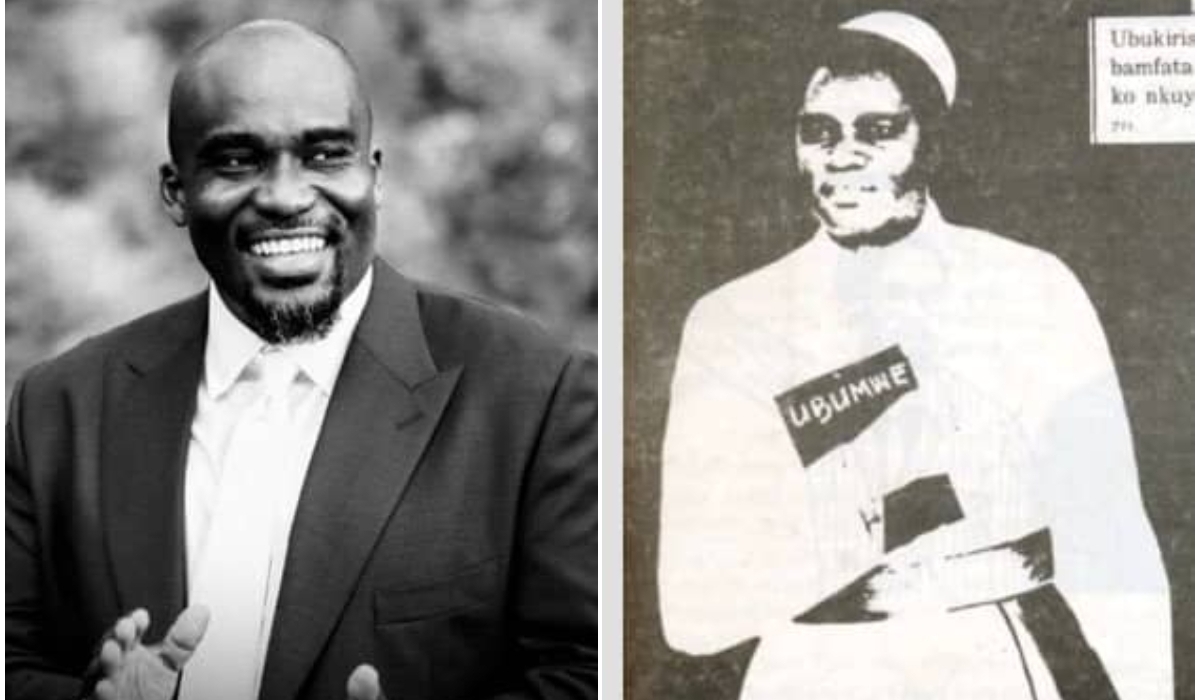 President Juvénal Habyarimana (R) was depicted in Issue No. 25 of Kangura wearing a bishop’s chasuble and mitre, holding a book resembling a Bible with the word &#039;Ubumwe&#039; (Unity) on the cover. On the left is his son, Jean-Luc Habyarimana, who is a &#039;staunch defender&#039; of his father&#039;s genocidal legacy.