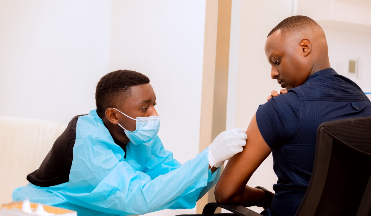 The Minister of State for Health, Dr. Yvan Butera, receives a Marburg virus jab as the country rolled out a vaccination drive for front-line workers in Kigali on October 8, 2024. Courtesy photo