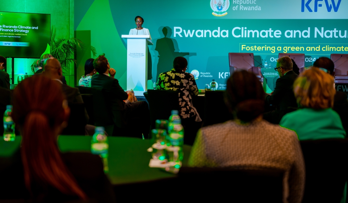 Ministry of Finance and Economic Planning Mutesi Rusagara delivers her remarks during the launch of  the first-ever Climate and Nature Finance Strategy in Kigali on October 17