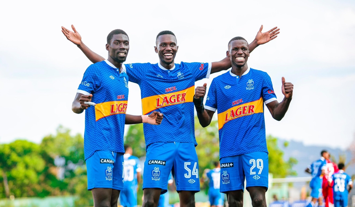 Rayon Sports players celebrate a 2-0 win over Bugesera FC at Kigali Pele Stadium on Saturday, on October 19. Photo by Craish Bahizi