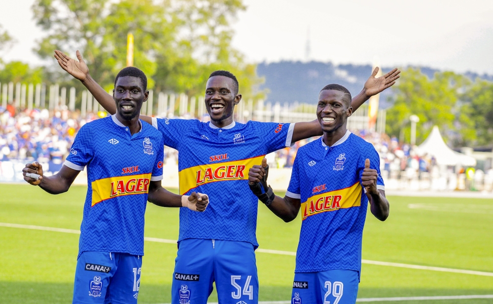 Rayon Sports players celebrate a 2-0 win over Bugesera FC at Kigali Pele Stadium on Saturday, on October 19. Photos by Craish Bahizi