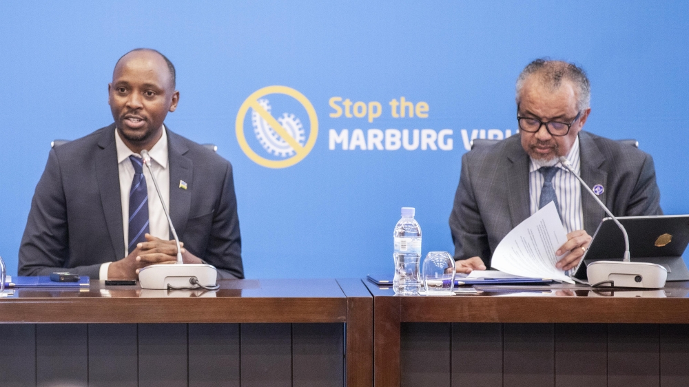 Minister of Health Dr Sabin Nsanzimana with the Director-General of the World Health Organisation Dr Tedros Adhanom Ghebreyesus during a press briefing in Kigali on Sunday, October 20. Emmanuel Dushimimana