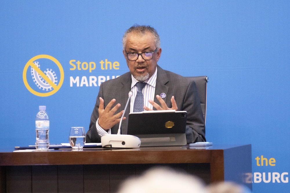 Director-General of the World Health Organisation (WHO) Dr Tedros Adhanom Ghebreyesus addresses journalists  in Kigali on Sunday, October 20. Photo by Emmanuel Dushimimana