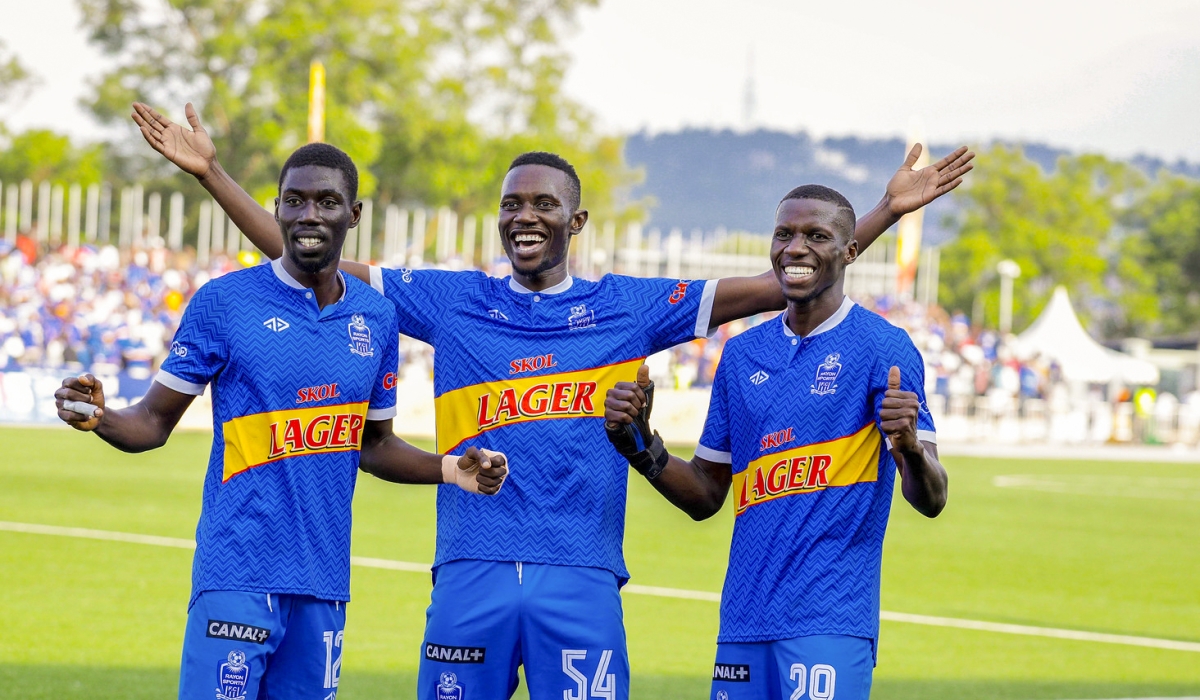 Rayon Sports players celebrate a 2-0 win over Bugesera FC at Kigali Pele Stadium on Saturday, on October 19. Photos by Craish Bahizi