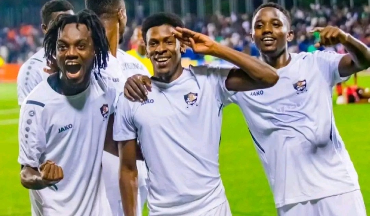 APR FC players  celebrate  as APR defeated Gasogi United 1-0 at the Kigali Pele Stadium on Sunday. Courtesy