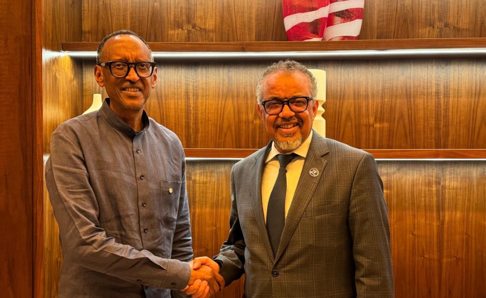 President Paul Kagame and the World Health Organization (WHO) Director-General, Dr. Tedros Adhanom Ghebreyesus during a meeting. Courtesy