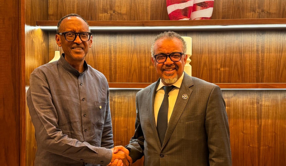 President Paul Kagame and the World Health Organization (WHO) Director-General, Dr. Tedros Adhanom Ghebreyesus during a meeting. Courtesy