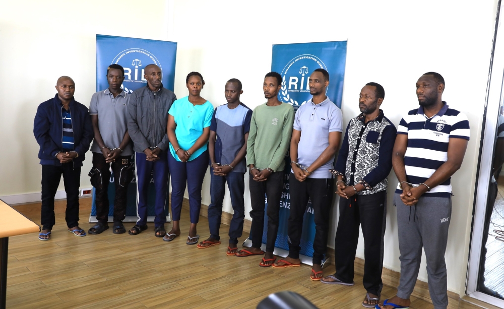 Rwanda Investigation Bureau presented a group of 10 suspects to the media, charged with illicit alcohol production in Gisozi, Gasabo District, Kigali On Tuesday, October 22. Craish Bahizi