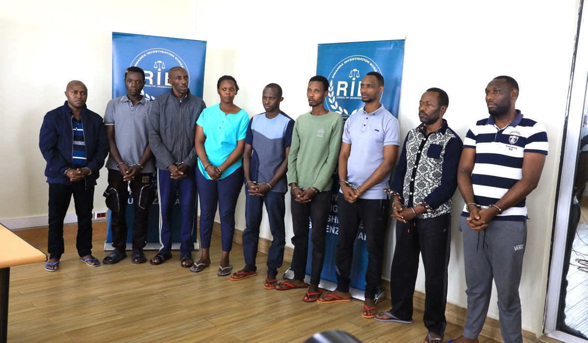 Rwanda Investigation Bureau presented a group of 10 suspects to the media, charged with illicit alcohol production in Gisozi, Gasabo District, Kigali On Tuesday, October 22. Craish Bahizi