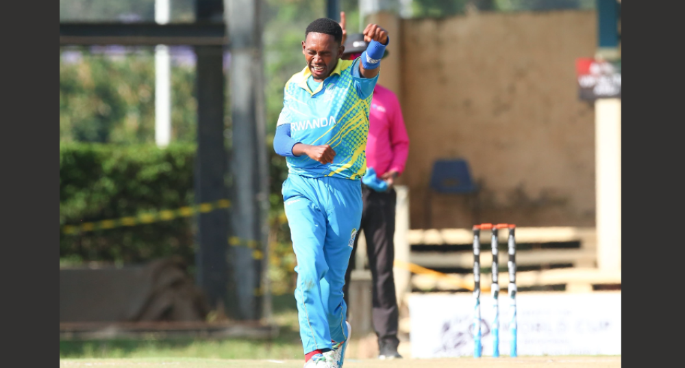 Rwanda&#039;s pacer Ignace Ntirenganya celebrates a wicket against Mozambique during the ICC T20 WC Sub-Regional Africa Qualifier B in Nairobi