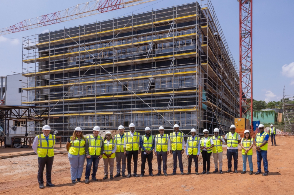 Director-General of WHO Dr Tedros Adhanom Ghebreyesus  and other officials during the a guided tour the ongoing construction activities of BioNTech’s mRNA vaccine plant in Kigali on October 18. Courtesy