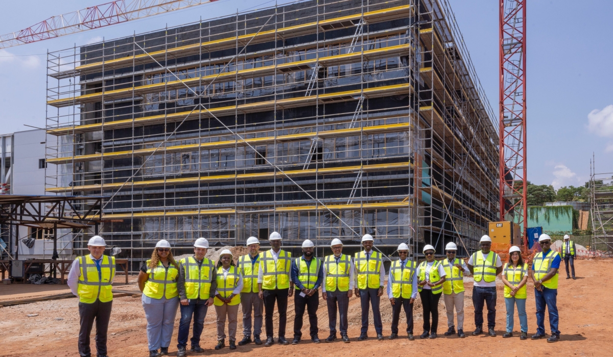 Director-General of WHO Dr Tedros Adhanom Ghebreyesus  and other officials during the a guided tour the ongoing construction activities of BioNTech’s mRNA vaccine plant in Kigali on October 18. Courtesy