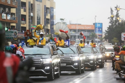 A fanfare reception to Team Rwanda riders after winning La Tropicale Amissa Bongo in February 2018. Captured here at Kisimenti heading to Petit Stade for the official ceremony after a colorful parade from Kigali International Airport to Amahoro Stadium to welcome them. The Winning team was made by Joseph Areruya, Valens Ndayisenga, Didier Munyaneza, Bonaventure, Rene Ukiniwabo, and Jean Ruberwa under Felix Sempoma coaching instructions. Photos by Sam Ngendahimana