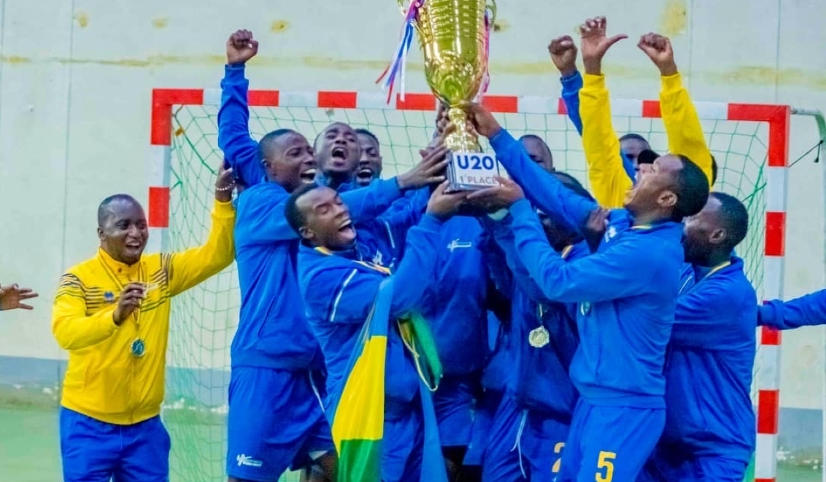 Rwanda U-20 men’s handball team celebrates the  first ever regional title after defeating neighbors Uganda in the final of the 2024 Men&#039;s IHF Trophy Zone 5, in May 17,