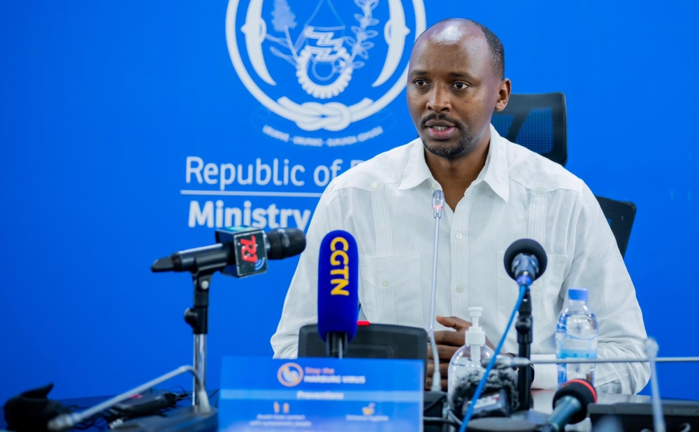 Minister of Health Dr Sabin Nsanzimana addresses journalists  during a media briefing on the Marburg situation . Courtesy