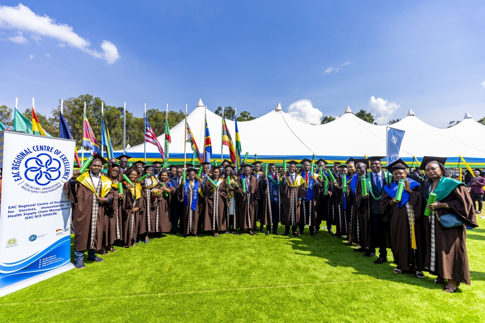 Graduates of UR&#039;s EAC Regional Centre of Excellence for Vaccines, Immunization, and Health Supply Chain Management at UR Huye campus stadium on Friday, October 25. Dan Gatsinzi