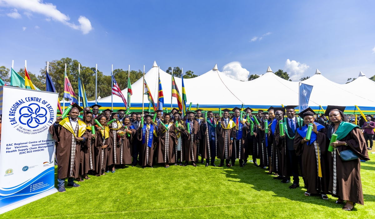 Graduates of UR&#039;s EAC Regional Centre of Excellence for Vaccines, Immunization, and Health Supply Chain Management at UR Huye campus stadium on Friday, October 25. Dan Gatsinzi