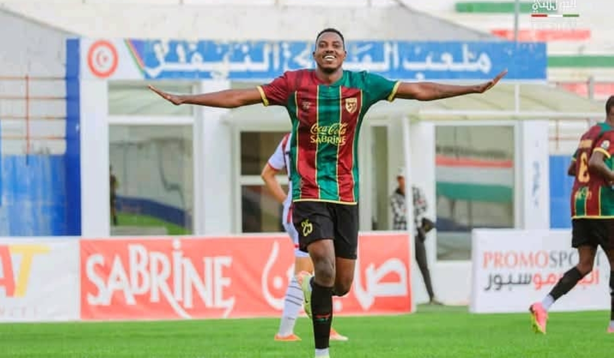 Rwandan international midfielder Bonheur Mugisha celebrates his goal against Gabes on Saturday. Courtesy