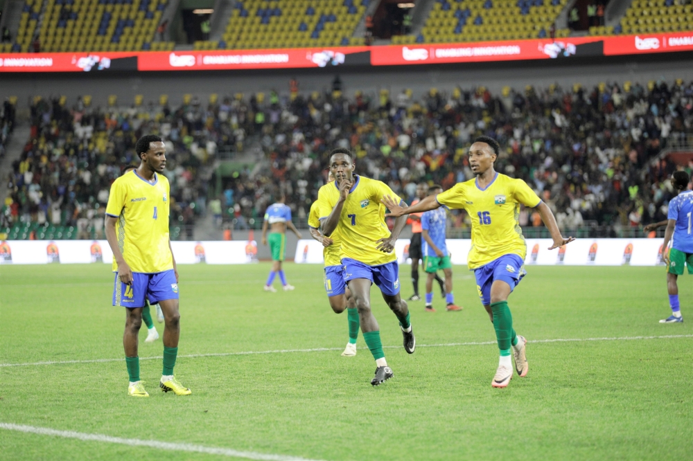 Forward Olivier Dushimimana (R) wheels away in celebration after scoring one of his two goals to help Rwanda beat Djibouti 3-0 at Amahoro Stadium on Tuesday, October 31 and qualify for the next round of the CHAN 2025 Qualifiers-Emmanuel Dushimimana