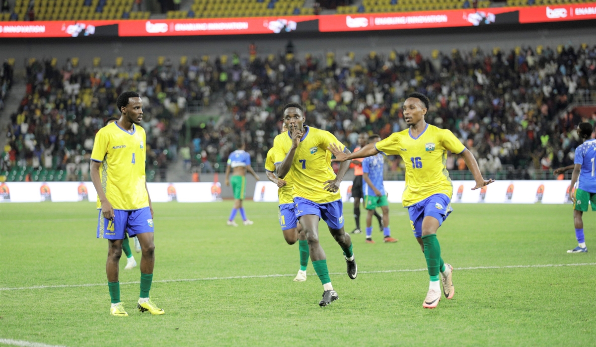 Forward Olivier Dushimimana (R) wheels away in celebration after scoring one of his two goals to help Rwanda beat Djibouti 3-0 at Amahoro Stadium on Tuesday, October 31 and qualify for the next round of the CHAN 2025 Qualifiers-Emmanuel Dushimimana