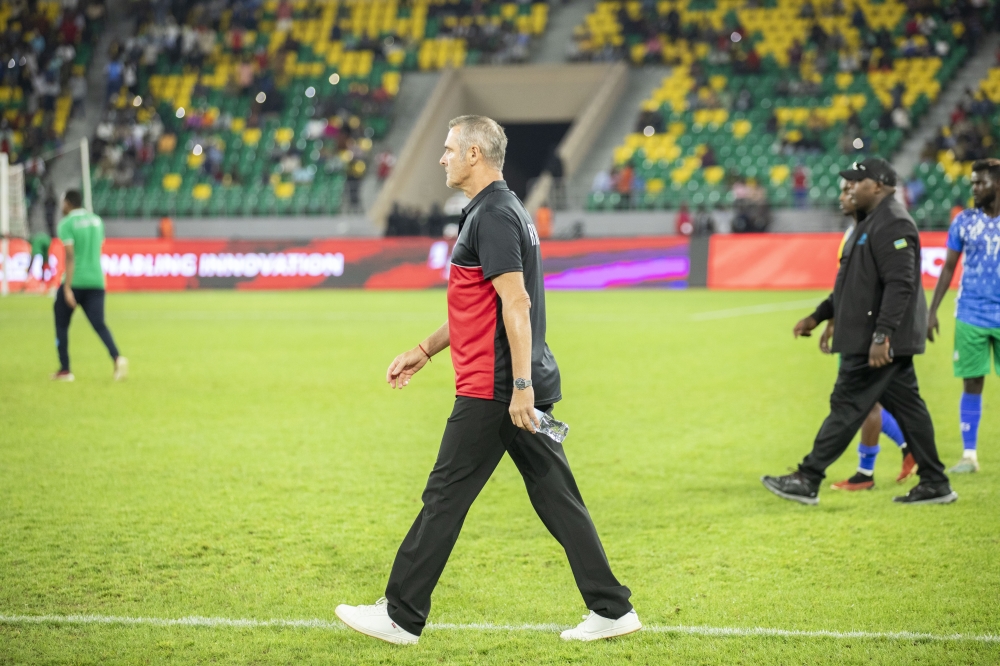 Spittler walks on the pitch after Rwanda&#039;s 3-0 win against Djibouti in CHAN 2025 qualifiers. Photo by Emmanuel Dushimimana