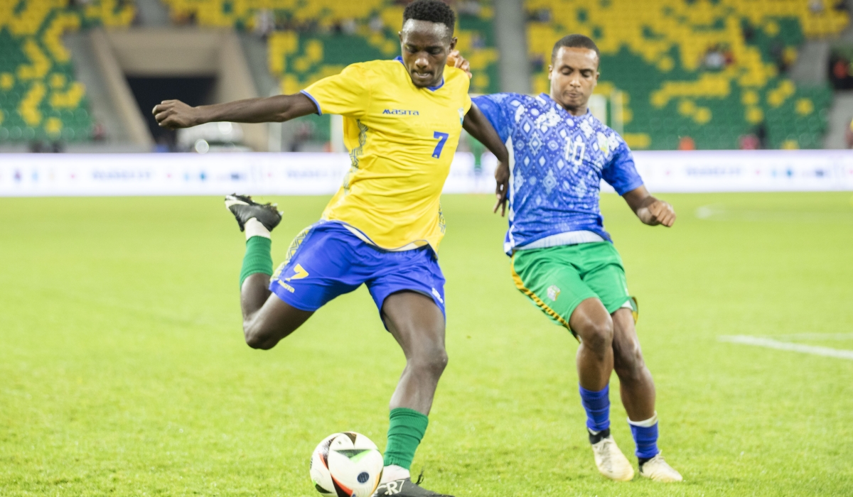 Dushimimana (L) in action against Djibouti. The APR forward netted a brace in the game. Photo by Emmanuel Dushimimana.