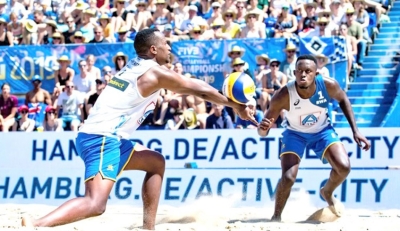 Olivier Ntagengwa and Patrick-Akumuntu, some of the country&#039;s most successful beach volleyball players in action during a previous competition. File.