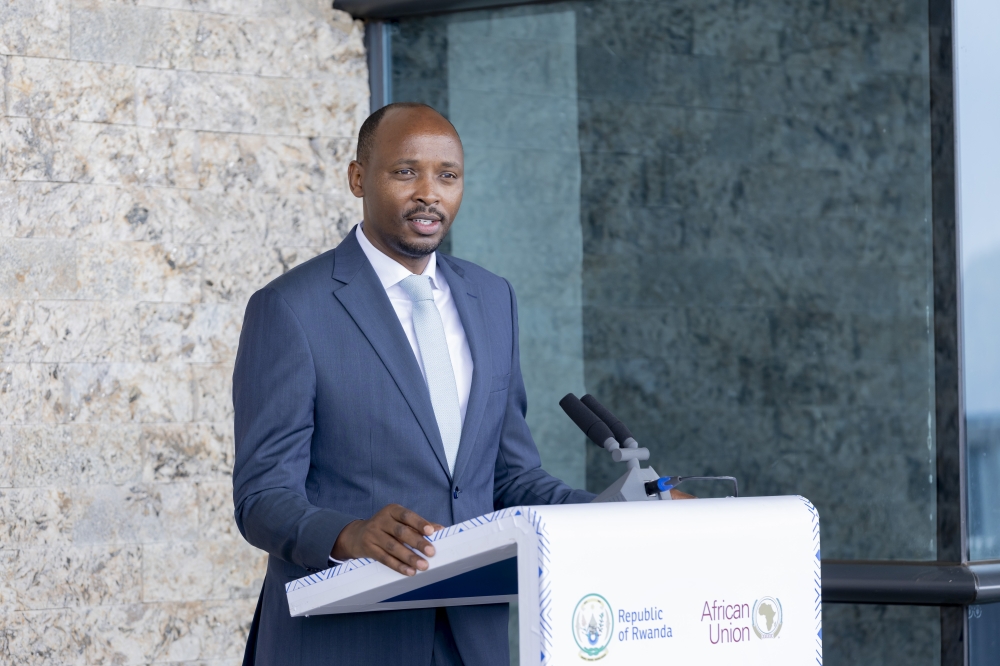 Minister of Health, Dr. Sabin Nsanzimana, delivers his remarks during the  handing over of a modern flagship facility (Alliance Building) located in Kigali on  November 1. Photos by Dan Gatsinzi 