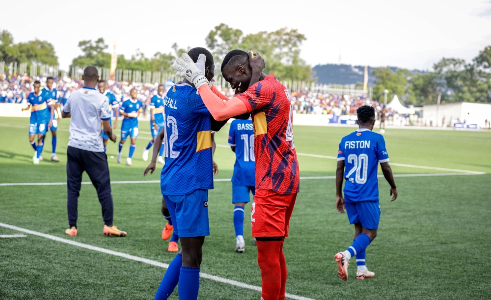 Rayon Sports players celebrate a 2-0 win over Bugesera FC at Kigali Pele Stadium, on October 19. Photos by Craish Bahizi