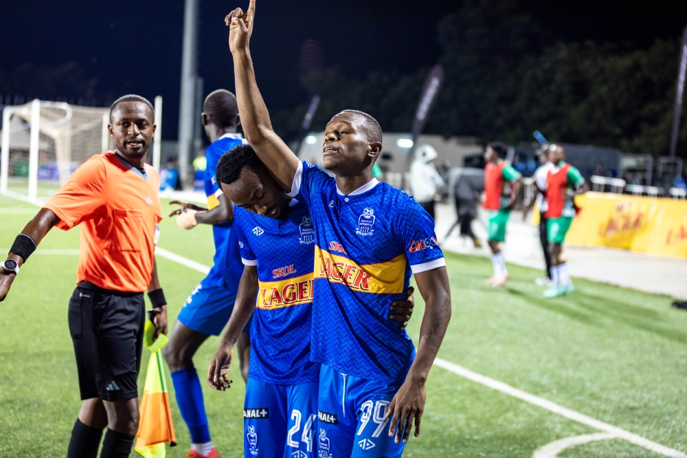 Forward Hadji Iraguha points to the sky after scoring on his two goals against Kiyovu on Saturday, November 2-Craish Bahizi