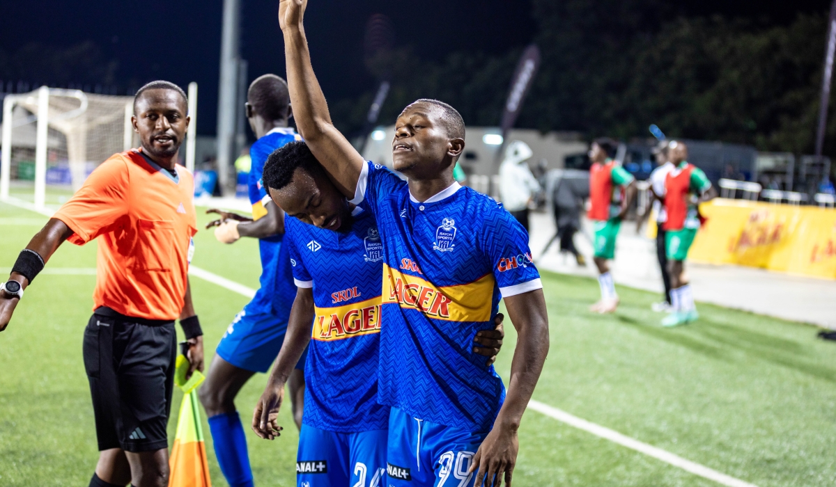 Forward Hadji Iraguha points to the sky after scoring on his two goals against Kiyovu on Saturday, November 2-Craish Bahizi