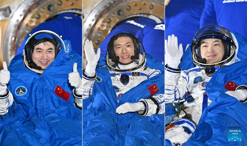 In this combo photo, astronauts Ye Guangfu, Li Cong and Li Guangsu (from L to R) are out of the return capsule of the Shenzhou-18 manned spaceship at the Dongfeng landing site in north China&#039;s Inner Mongolia Autonomous Region, Nov. 4, 2024. The three astronauts are all in good physical condition, and the mission is a complete success, according to the China Manned Space Agency. (Xinhua/Li Xin)