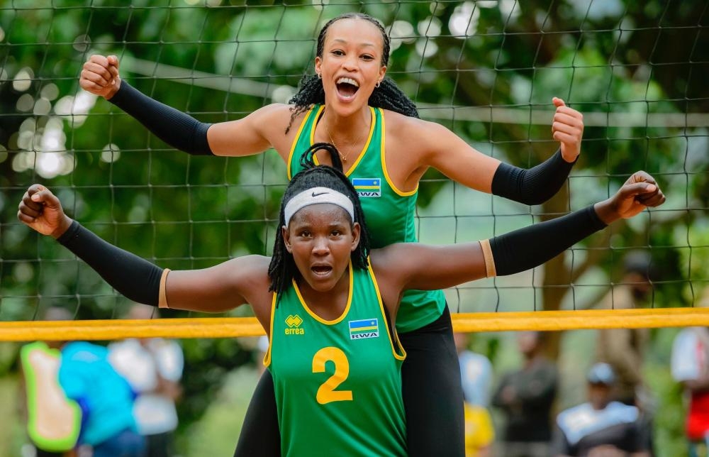 Valentine Munezero and Benitha Mukandayisenga celebrate after winning the National Volleyball Tour that concluded at Rwesero courts over the weekend-courtesy