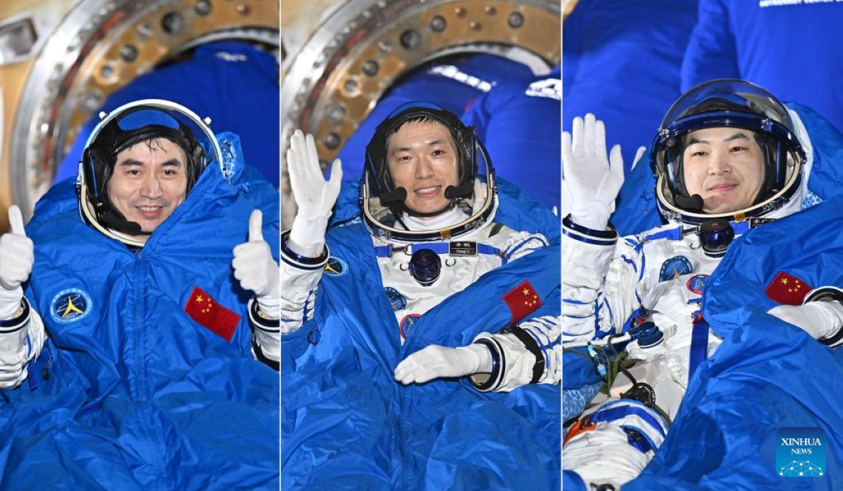 In this combo photo, astronauts Ye Guangfu, Li Cong and Li Guangsu (from L to R) are out of the return capsule of the Shenzhou-18 manned spaceship at the Dongfeng landing site in north China&#039;s Inner Mongolia Autonomous Region, Nov. 4, 2024. The three astronauts are all in good physical condition, and the mission is a complete success, according to the China Manned Space Agency. (Xinhua/Li Xin)