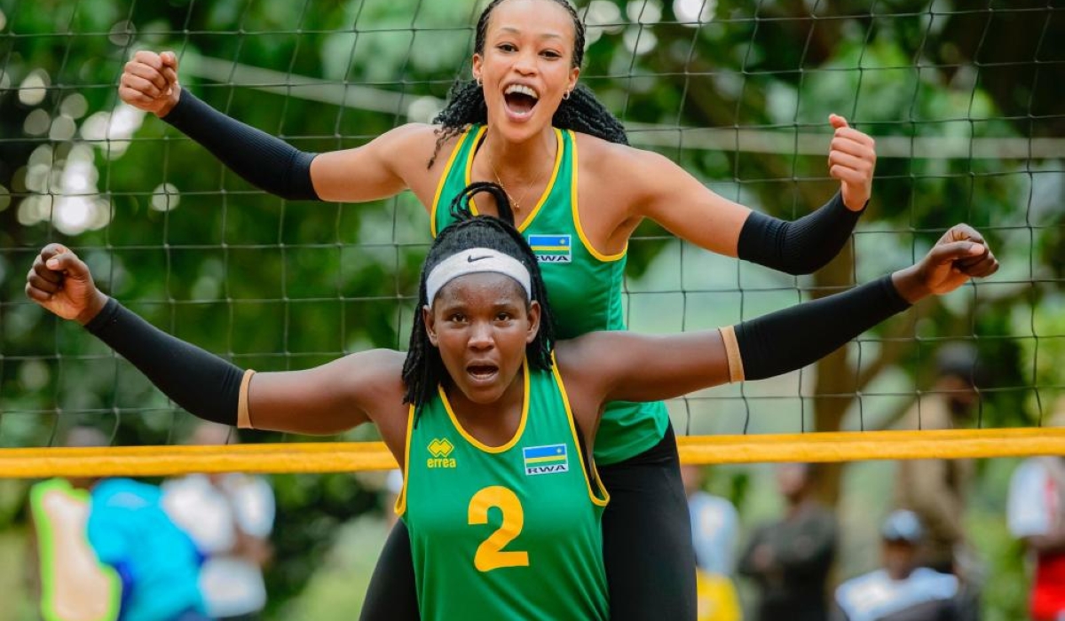 Valentine Munezero and Benitha Mukandayisenga celebrate after winning the National Volleyball Tour that concluded at Rwesero courts over the weekend-courtesy