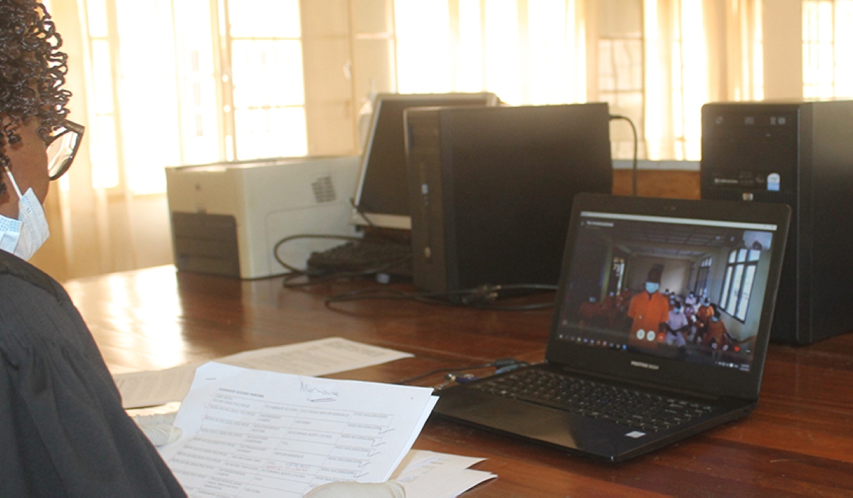 A judge delivers a court ruling through Skype at the Intermediate Court of Nyarugenge in Kigali on Monday, April 20.2020. File