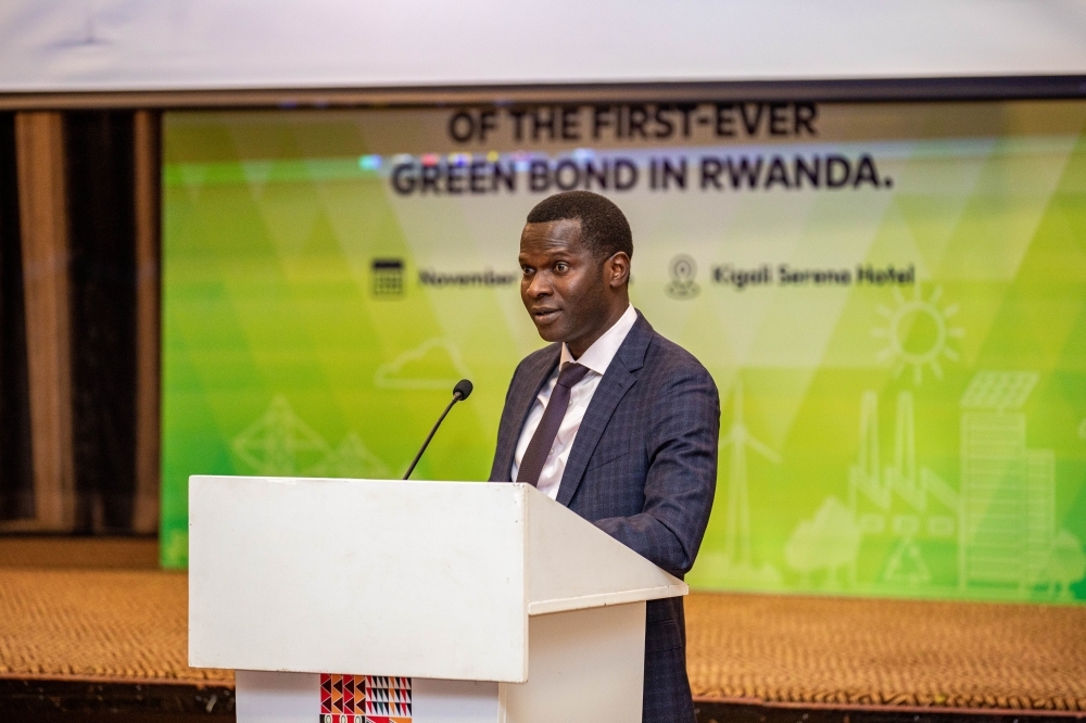 Cherno Gaye, Chairman of Prime Energy, delivers his remarks as the firm listed its inaugural green
bond worth Rwf9.58billion on Rwanda Stock Exchange on November 5. Photo: Dan Gatsinzi.