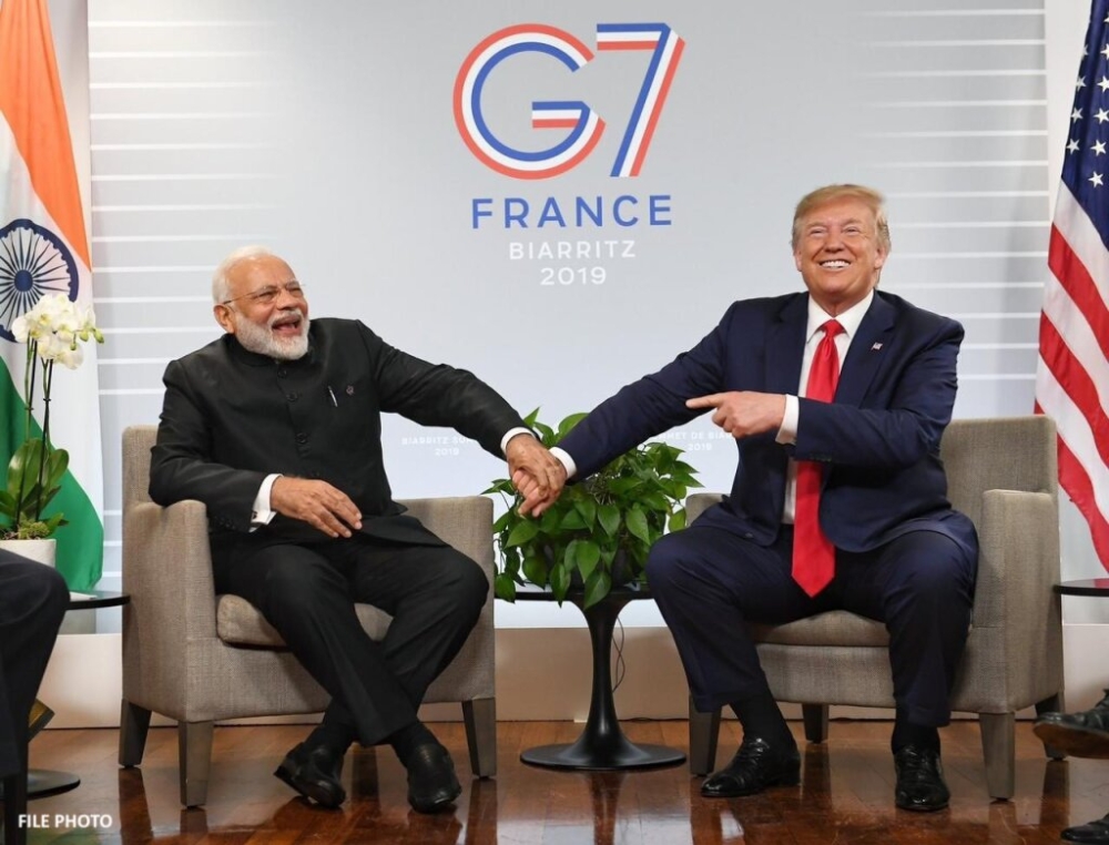 Indian PM Narendra Modi with Trump at the G7 Summit that took place in August 2019 in Biarritz, France.
In a message he posted on his X page, Modi extended “heartiest” congratulations to Trump on his “historic election victory” in the 2024 US presidential elections (Internet photo).