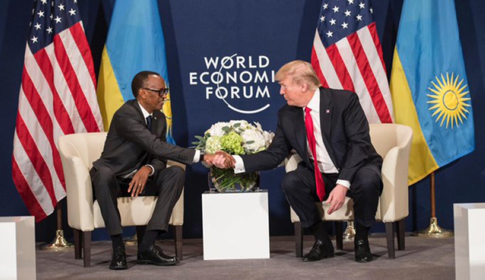 President Paul Kagame shakes hands with US President Donald J. Trump in 2018 after holding bilateral talks in Davos, Switzerland. Kagame congratulated Trump after his win in the 2024 US presidential election on Tuesday, November 5. Photo/Courtesy