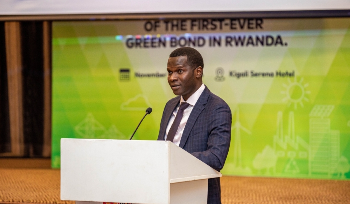 Cherno Gaye, Chairman of Prime Energy, delivers his remarks as the firm listed its inaugural green
bond worth Rwf9.58billion on Rwanda Stock Exchange on November 5. Photo: Dan Gatsinzi.