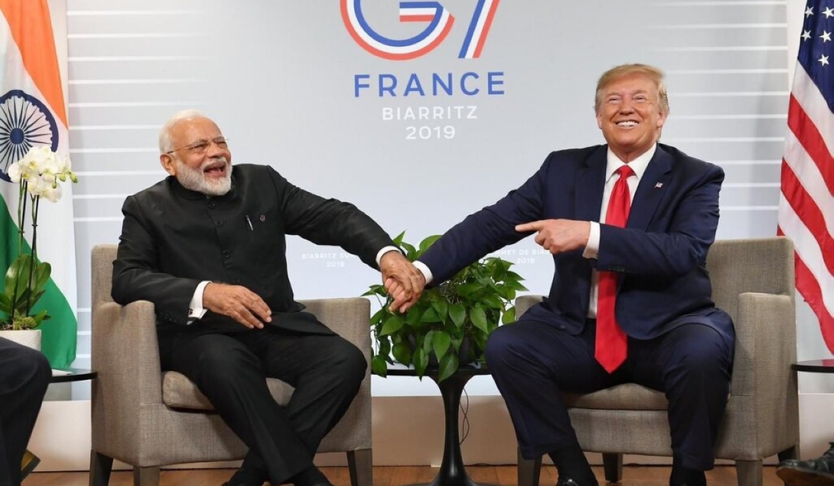 Indian PM Narendra Modi with Trump at the G7 Summit that took place in August 2019 in Biarritz, France.
In a message he posted on his X page, Modi extended “heartiest” congratulations to Trump on his “historic election victory” in the 2024 US presidential elections (Internet photo).