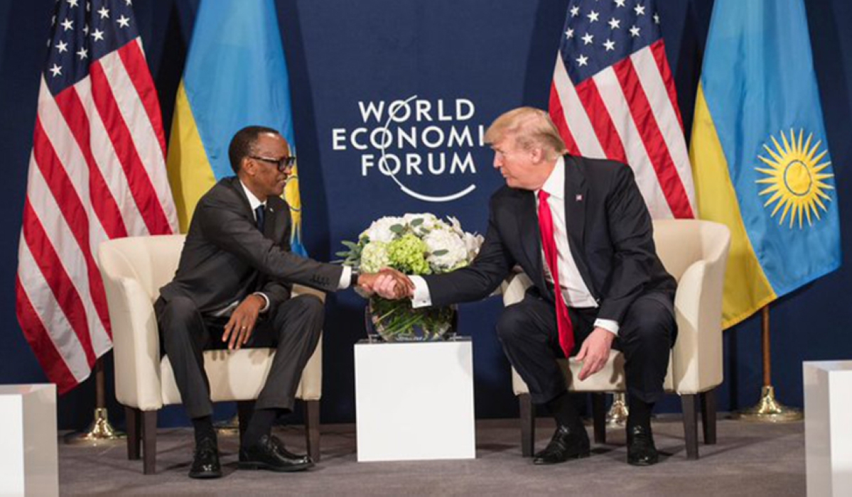 President Paul Kagame shakes hands with US President Donald J. Trump in 2018 after holding bilateral talks in Davos, Switzerland. Kagame congratulated Trump after his win in the 2024 US presidential election on Tuesday, November 5. Photo/Courtesy