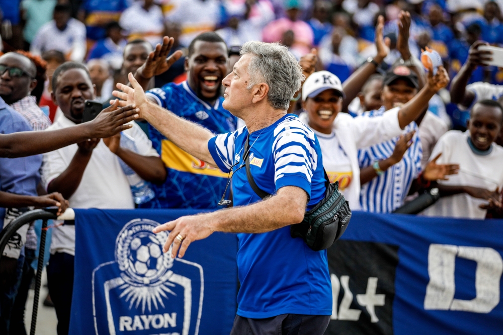 Rayon Sports head coach Roberto Oliveira Gonçalves de Carmo Celebrate with the Blues supporters at Pele Stadium after a win of 4-0 against Kiyovu FC on Sunday, November 2 Photo by Craish Bahizi